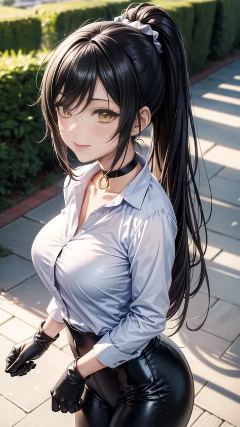 (Yaedef :1.4), 8K, highres,  ultra detailed , ( Masterpiece:1.4),  Best Quality , Sakuya Shirase, symmetrical body, beautiful, Alone, standing,  dynamic pose ,  seen from above,  looking at the spectator, Tender smile, long ponytail black hair,  detailed f...