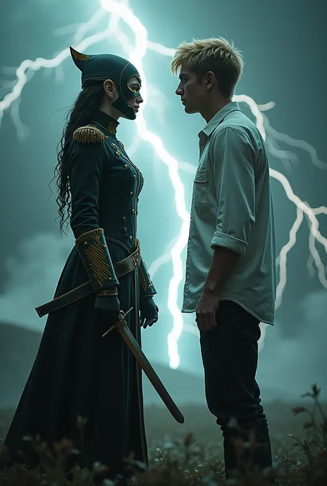  You can create an image where two people are facing each other side a man and a woman, that the woman wears an old military uniform , black and gold,  that the woman has golden eyes with a ceramic mask that covers her face and a sword,  that has black hai...