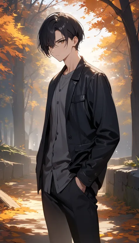 (masterpiece, Highest quality:1.2), (1guy), alone, ((short hair)), ((black hair)), (swept bangs), (long bangs:1.2), (black casual jacket), gray buttoned shirt, long sleeves, open jacket (brown eyes), high detail, textured skin, natural light, natural light...