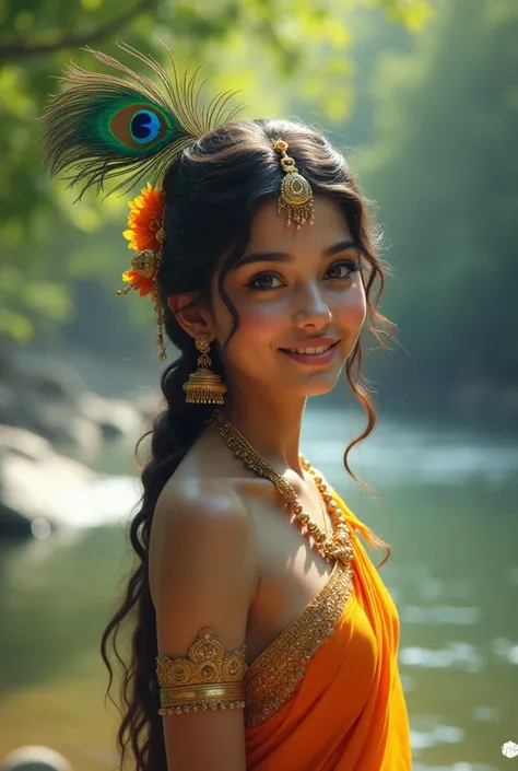 Lord Radha in river cute smile on head peacock feather beautiful image little angel 