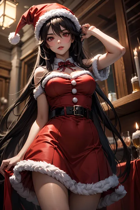 Pretty girl with  (long fringed dark hair )  with red eyes red dress with belt a Christmas hat 