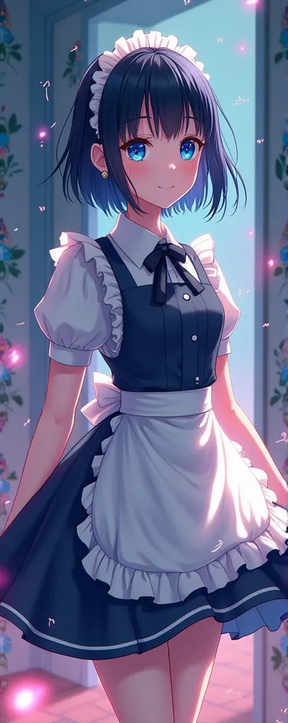 Teen anime girl, short black hair,  blue eyes , Skirt that reaches the knees white shirt and that is a maid with,  particles of light , rays of light,  wallpaper ,  high contrast , colorful #girl #anime