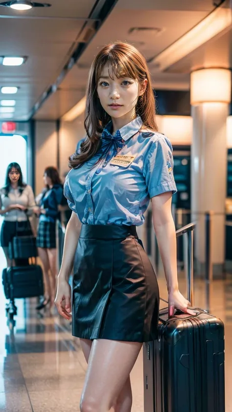 A beautiful, 24-year-old Japanese woman with perfect anatomy, healthy thighs, beautiful legs, beautiful skin, random hair color and style, large breasts, (wearing a flight attendant uniform with a mini-skirt:1.3), (she is standing:1.2), full body shot, pum...