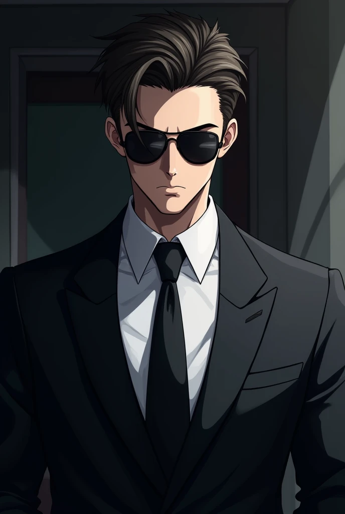 An anime-style depiction of a mysterious man wearing a dark suit, white shirt, and a tie. He has short, neatly combed hair and is wearing oversized, dark aviator sunglasses. The art style should reflect a dramatic and noir aesthetic with high contrast and ...