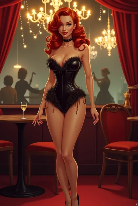 Femm Fatale cartoon from 1940 beautiful red-haired woman with wavy hair in 1940 style sensual cabaret style high-heeled shoes from 1940 and wears animal leather cover