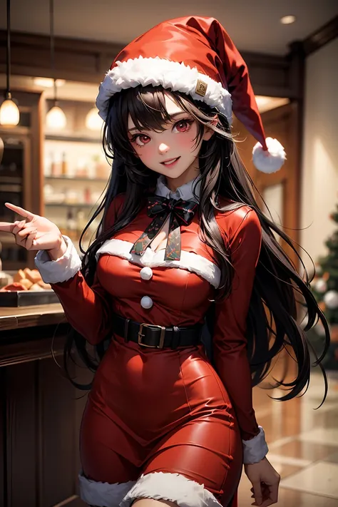 Cheerful pretty girl with (long fringed dark hair )  with red eyes red dress with belt a Christmas hat 