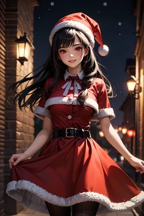 Cheerful pretty girl with (long fringed dark hair )  with red eyes red dress with belt a Christmas hat 