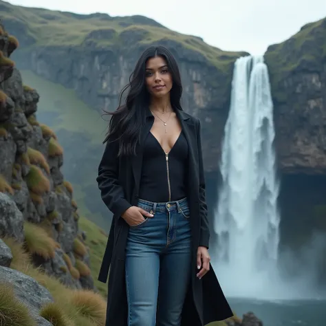 a beauty woman black hair, long jacket clothes long zipper jeans clothes, standing while fashion stylish on the edge of the cliff of the rocks behind the waterfall stone mountains, a head (male) hide behind him while holding jeans him, natural, teeth smile...