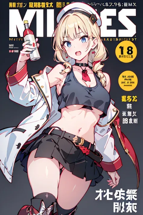 (masterpiece:1.2), (Military uniform magazine cover:1.4),best quality,PIXIV,Sweet girl , sexy posture,1girl, (perky chest:1.2), rolling upskirt by wind:1.6, (with sparkling eyes and a contagious smile),open mouth, (pointed chest:1.2),fishnets, black hair, ...