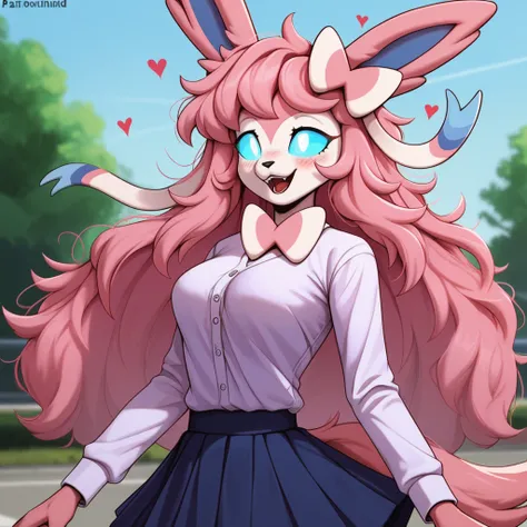 Loving expression, Happy expression, 1girl, anthro, furry, fur, fluffy fur, fluffy big pink tail, sylveon girl, pink hair, medium/long hair, soft/messy hair, (19 years), white eyes, blue sclera, glowing eyes, medium breast, thicc thighs, lots of hearts, (u...