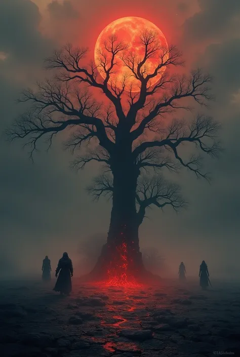 A hauntingly beautiful dark fantasy landscape shrouded in twilight, with glowing embers floating through the air. In the center, a skeletal tree grows from a cracked, ashen earth, its branches reaching into a crimson and blackened sky. Surrounding the tree...