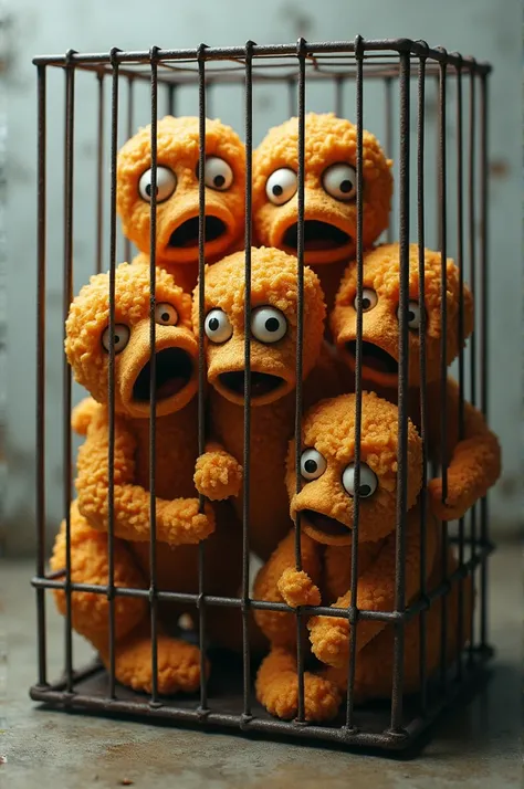 Make me a group of scared chicken nuggets inside a cage