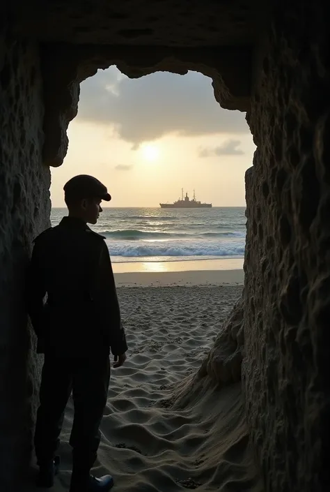  A bleak sunrise over Omaha Beach ,  with waves crashing gently against the shore . In a camouflaged bunker ,  a young German soldier named Heinrich Severloh watches from a narrow opening,  his expression mixed with fear and resignation . in the distance, ...