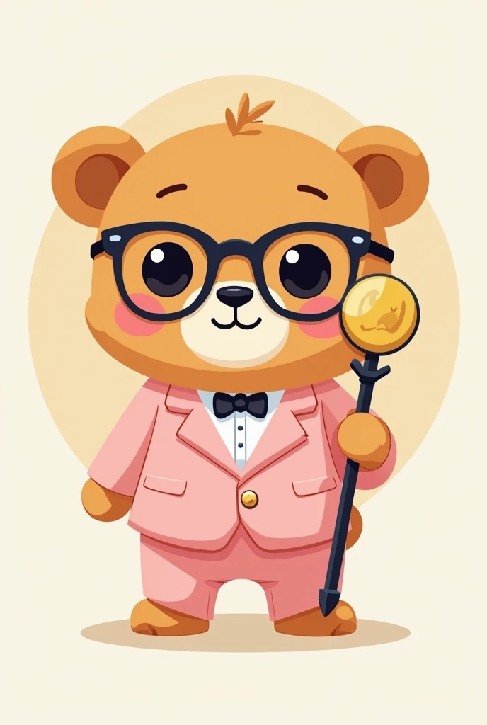 Circle logo, baby bear wearing glasses, wearing a light pink suit, holding the scepter of the moon. 