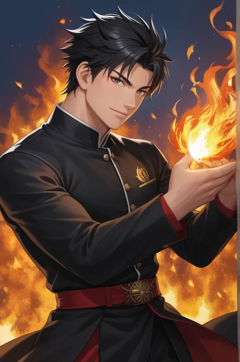  score_9, man, 24 years old,  short black hair,  Fire manipulation, black clothes,  Taichi Yoshimura  