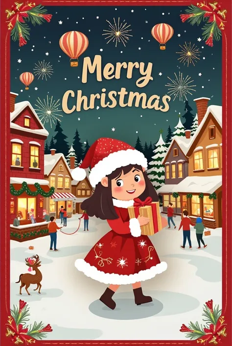  Christmas Card Border ,  Picture of a Girl Holding a Gift.  Crazy Christmas ,  red shiny words “liuzhiyou Merry Christmas”, Hot air balloon in the sky, Warm Town ,  Lively atmosphere , Fireworks background,Cardboard art engraving 