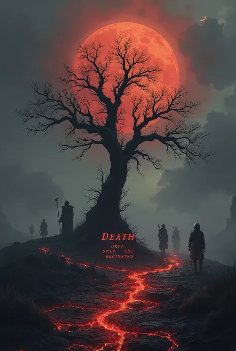 A hauntingly beautiful dark fantasy landscape shrouded in twilight, with glowing embers floating through the air. In the center, a skeletal tree grows from a cracked, ashen earth, its branches reaching into a crimson and blackened sky. Surrounding the tree...