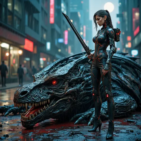 A scene featuring a sleek cyberpunk female warrior in ornate, shimmering armor, standing while holding a large sword embedded in the center of the dragons head. The dragon has glossy dark scales, its red eyes nearly closed, blood dripping from its mouth, a...