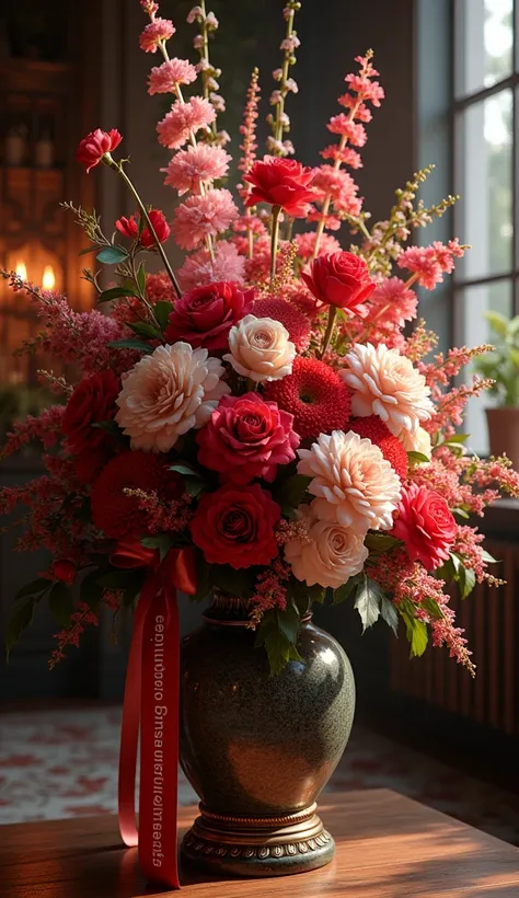  Large evening flower arrangement with ribbon saying "goodnight Ruby Olivier"