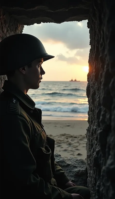  A bleak sunrise over Omaha Beach ,  with waves crashing gently against the shore . In a camouflaged bunker ,  a young German soldier named Heinrich Severloh watches from a narrow opening,  his expression mixed with fear and resignation . in the distance, ...