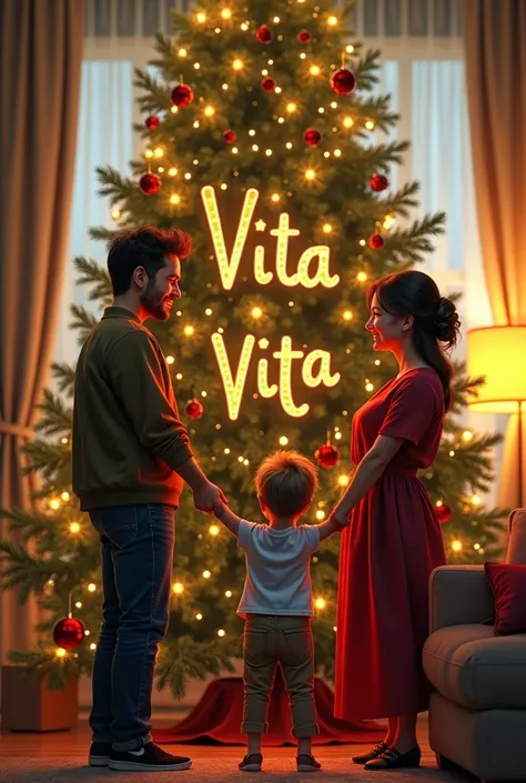 happy family dont hold hands vita lettering on the back of Christmas decorated tree 