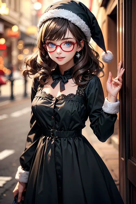 Cheerful pretty girl curly hair color light brown :  with blue eyes glasses black color red dress a Christmas hat 