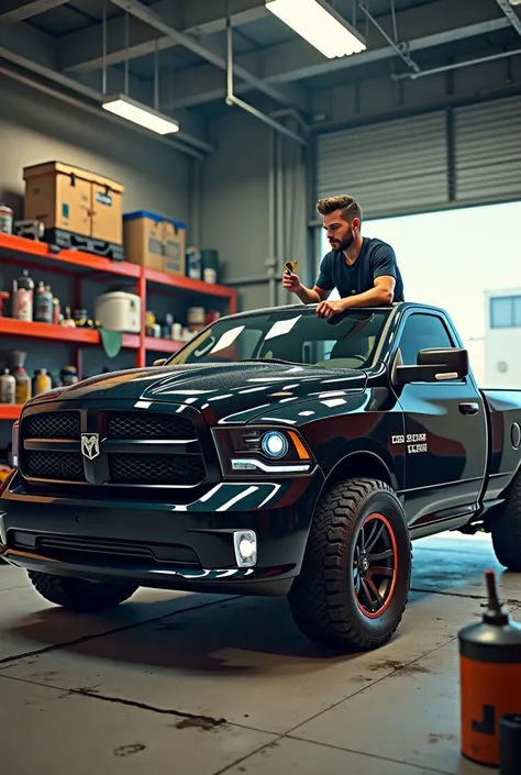 Gabriel and friends in the garage/workshop, customizing a black Dodge Ram. Tools, paint and details are shown in close-up.
Action: Gabriel rides the Dodge Ram, demonstrating pride and skill.