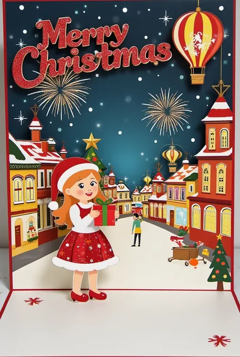  Christmas Card Border ,  Picture of a Girl Holding a Gift.  Crazy Christmas , The shiny red letters “Merry Christmas to Liu Zhi You”, Hot air balloon in the sky, Warm Town ,  Lively atmosphere , Fireworks background,Cardboard art engraving 