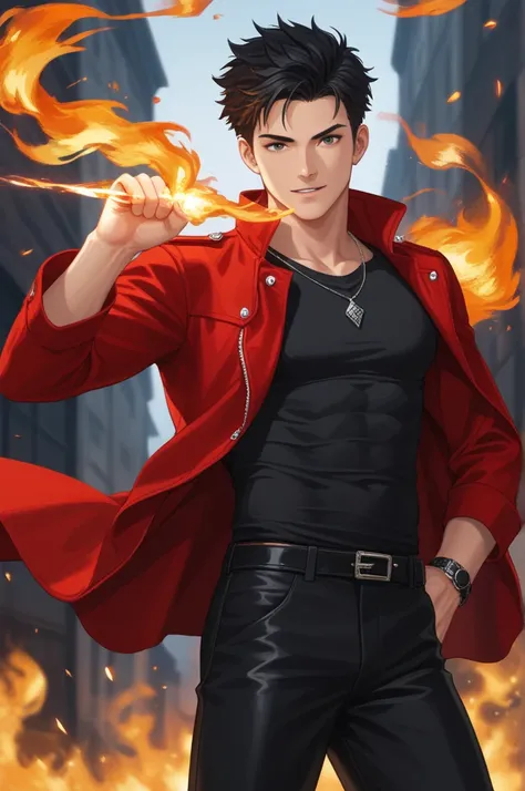  score_9, man, 24 years old,  short black hair,  Fire manipulation, black shirt, black pants, red jacket