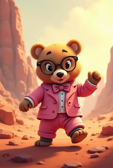 A baby bear wearing glasses, wearing a pink suit, is dancing on Mars.