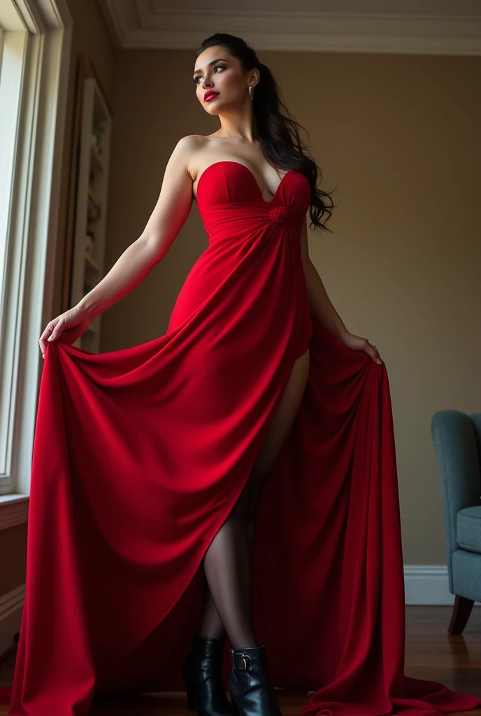 a pretty woman, red lipstick , blue eyes, big natural breast, dark brown hair,  pony tail, pretty face, red gown, dark pantyhose, black ankle boots, giantess, POV shot, lifts her right foot, FULL BODY shot