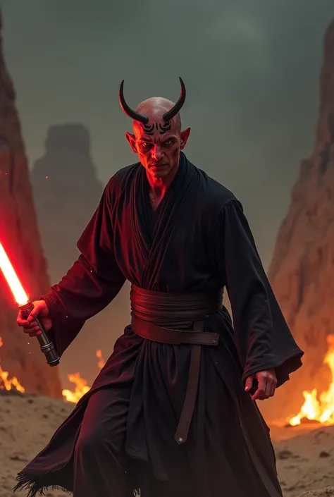  A red-skinned man with black tattoos .  Bald head with five small horns .  yellow eyes .  He wears black Jedi robes .  He carries a light sabre with a single red blade.  He is throwing a lunge into the air in fury .  Around him are cabins burning ,  in a ...