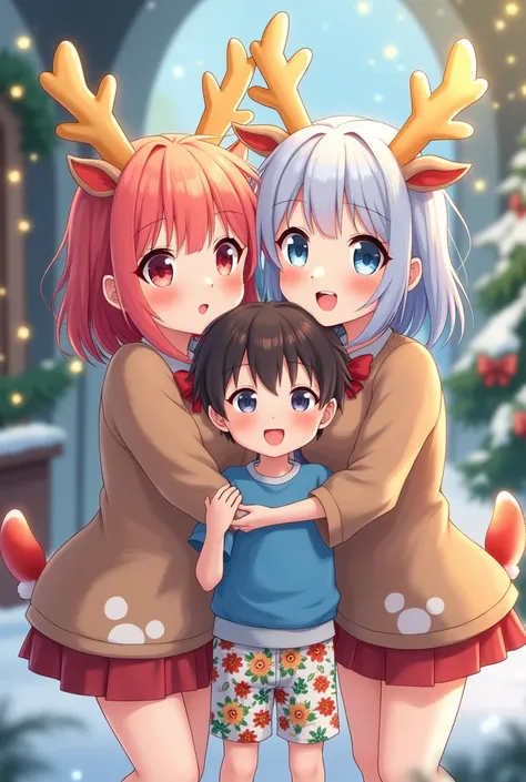 2 anime adult sisters dressed as reindeer with there younger brother in floral shorts and a blue short sleeve jacket 