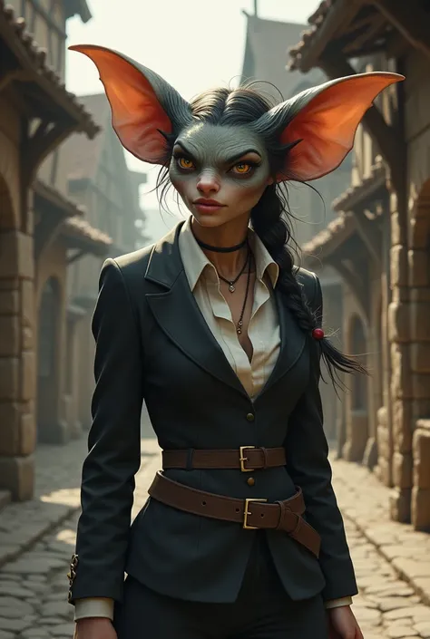 Fantasy tough woman Gremlin in business attire from medieval times 