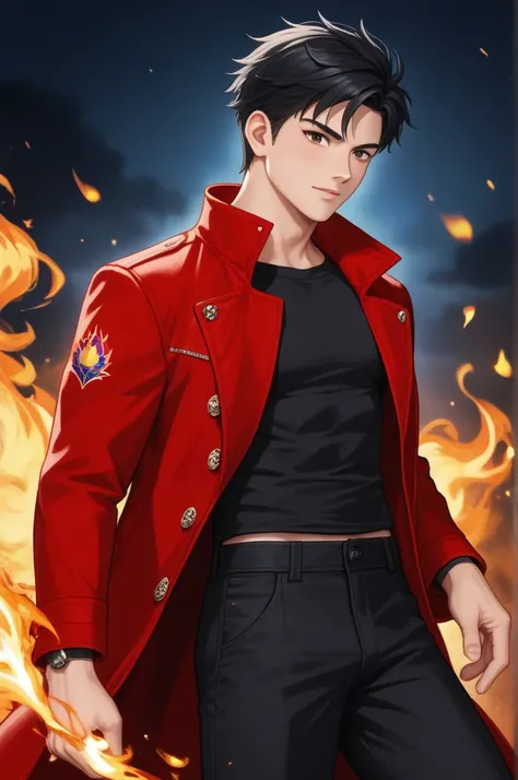  score_9, boy, 24 years old,  short black hair,  Fire manipulation, black shirt, black pants, red jacket