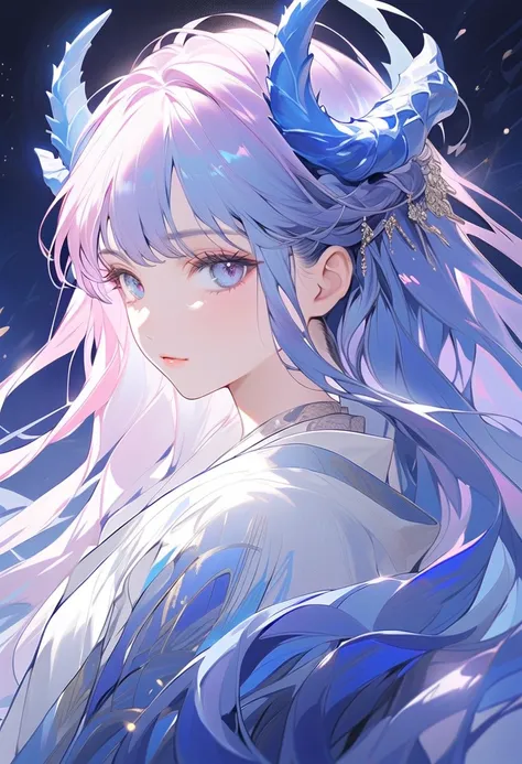 A woman has blue dragon horns on her head, looks elegant with an aura that exudes beauty and serenity, her lips are pink, this character has long night blue hair and adds blue color to several strands of her hair, combined with sharp shining green eyes, wi...