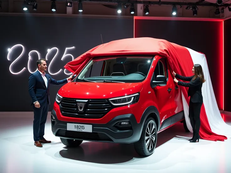 A captivating image of a (2025 Dacia Dokker Camper Van) center stage in a luxurious white showroom . The fururistic , vibrant  (Red color) exterior gleams, showcasing its sleek, aerodynamic design and bold accents. The words (2025 Dacia Dokker Camper Van) ...