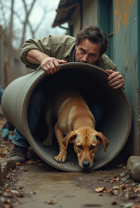 A man putting dogs tail in a pipe