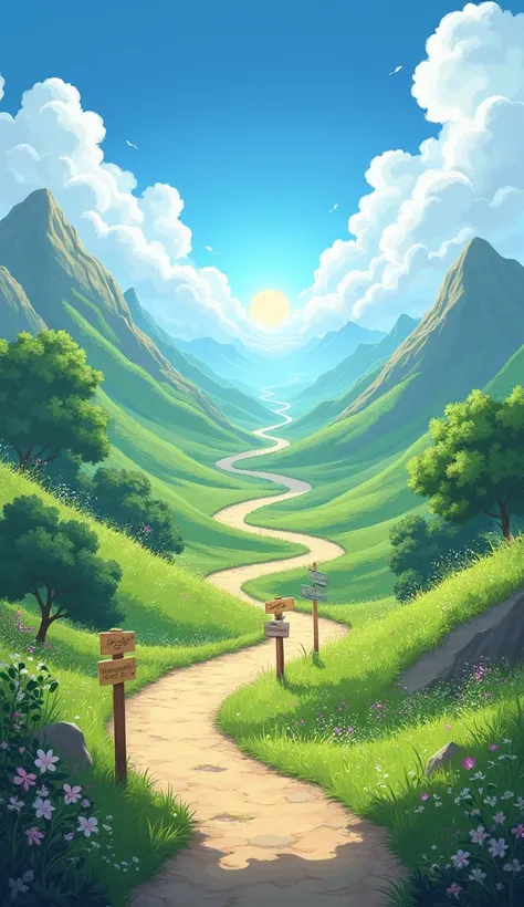 A winding road through a scenic valley, with markers representing different milestones, leading toward a bright horizon.