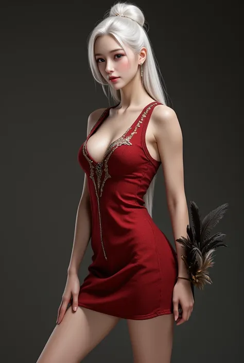 Photo realistic, highdefinition, random angle shooting, Beautiful female, Young face, white pale skin,very long updo hair, small (cup-a chests), wearing scrap metal red dress, short skirt, beautiful leg,  with feather around, medival style, legs highlight,...