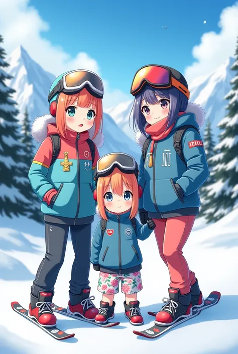 2 anime sisters in ski suits with there  brother in floral shorts and a blue short sleeve hoodie 