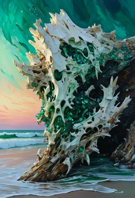 Jagged wood splinters, bleached bone-white against an emerald sea, claw at a bruised, twilight sky. Barnacles, like jeweled scars, cling to the skeletal remains, a testament to times relentless erosion in a swirling, Impressionistic canvas of oil