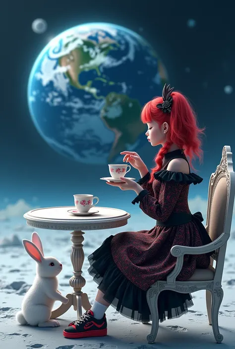 3DCG fantasy art、A miraculous fusion of classic Gothic Lolita and cyberpunk、A very beautiful girl stands on the mystical moon、Gazing at the beautiful blue Earth、A white rabbit is snuggling up to the girl、The girl has red hair She has her hair in twin tails...