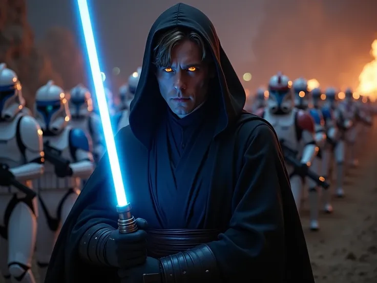 Anakin Skywalker, dark robes, orange eyes, glowing eyes, wearing hood, holding blue lightsaber, 501st clone troopers behind him, phase 2 clone troopers, clone wars, night time, darkness, dark shadows, very dark, Jedi temple, fires, explosions, gunfire, mar...