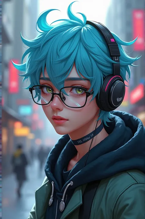  A young man with lenses with light blue hair, with headphones and streetwear 