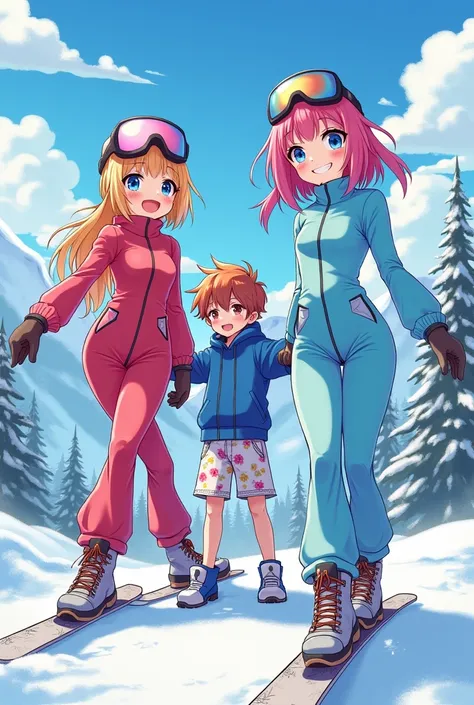 2 anime girls in ski suits with a boy in floral shorts and a blue short sleeve hoodie 