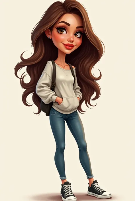  Caricatura Amine Cuerpo Sexi
 Cinnamon skin,long wavy hair in layers ,normal size mouth , medium eyes, dressed in denim pants ,sweatshirt and sneakers  
