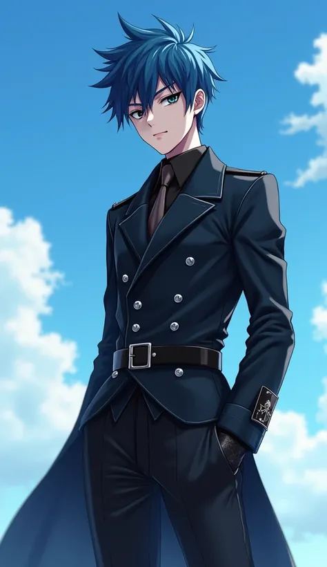  High School Boys（male:2,,masterpiece:2）、 black military uniform in the style of Nazi Germany（black military uniform:3）、1 person、 Long Black Boots（long black boots:2）、 Black Gloves 、evil smile:2、 penetrates 、 is leggy、 blue hair、 short hair 、 blue hairの毛が極...