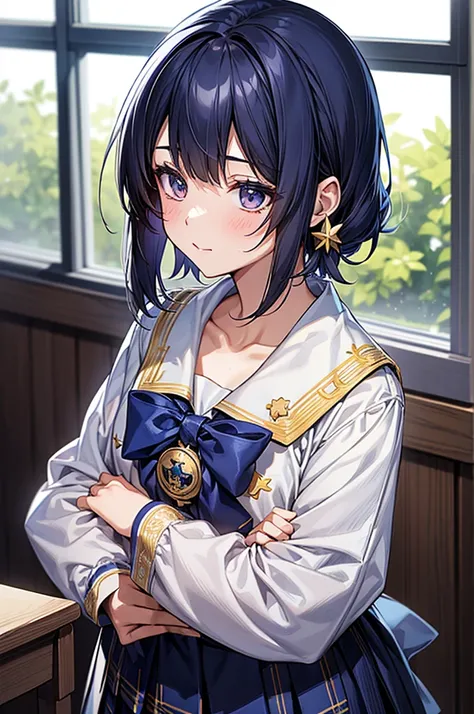  16-year-old Japanese high school girl 、 anime style、 Beautiful Clear Skin 、 natural brown straight hair （Down to her collarbone）、A blue inner color on one side、She has a star-shaped hairpin attached。
A navy uniform blazer（Gold embroidery on the cuffs）、A l...