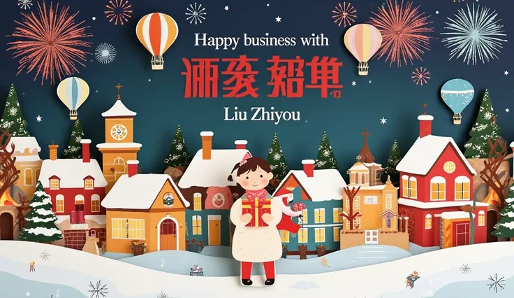 Birthday card border ,  Picture of a Girl Holding a Gift.   red shiny words “Happy business with Liu Zhiyou”, Hot air balloon in the sky, Warm Town ,winter，  Lively atmosphere , Fireworks background,Cardboard art engraving 